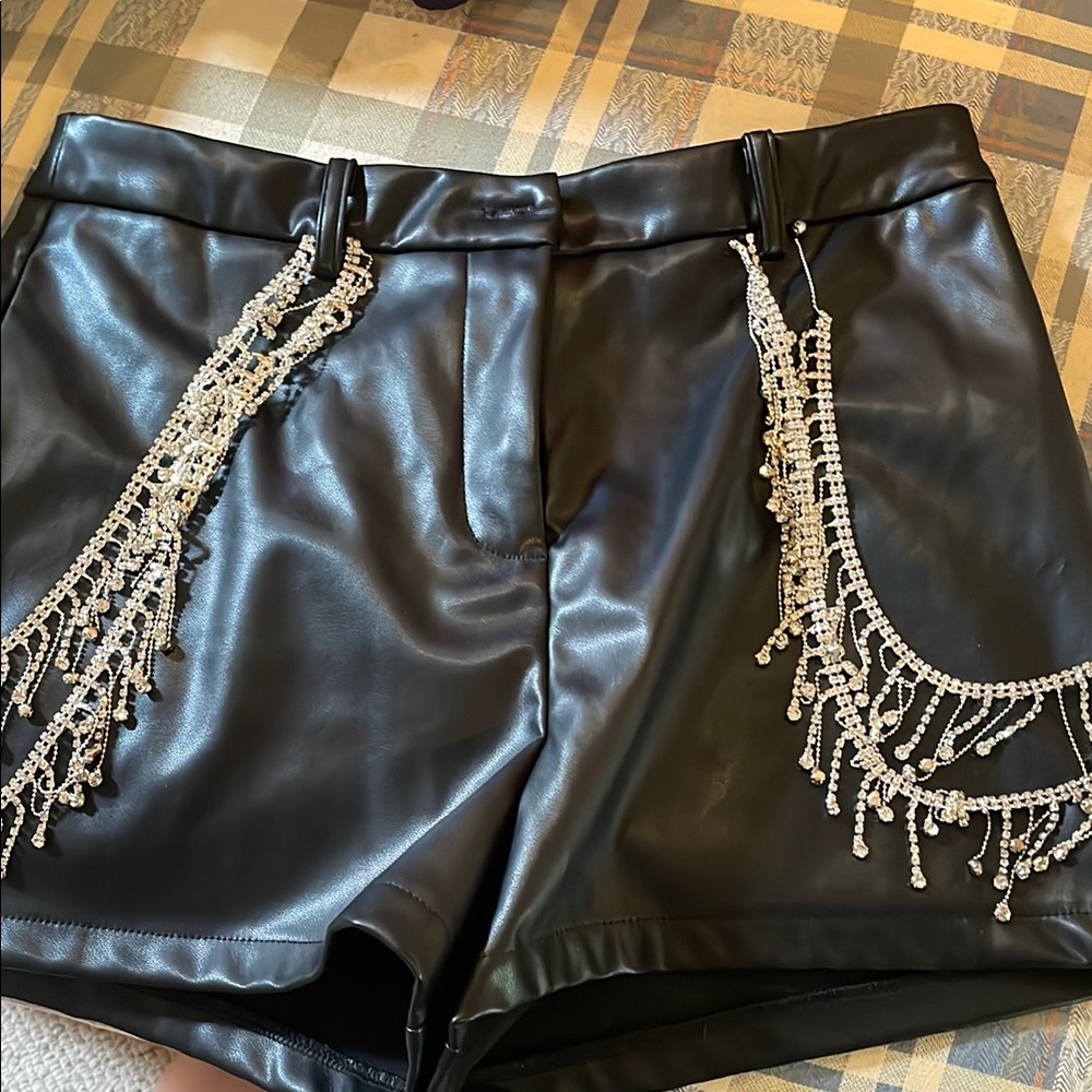 High Waist Black Faux Leather Shorts with Silver Chain Detail